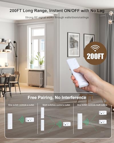 Wireless Remote Control Outlet, 200FT Long Range Remote Light Switch, Mini Remote Outlet Plug, 15A/1875W High-Power for Lamps, Lights, Household Appliances, FCC & ETL Listed (5 Outlets + 2 Remotes)