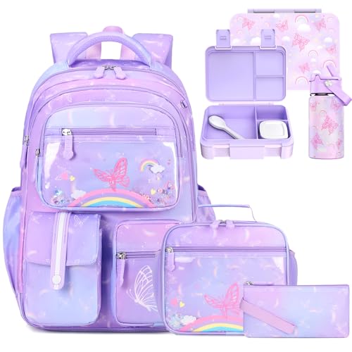 Sac à dos d'école filles violet arc-en-ciew avec boîte à bento 1.2L ACESAK