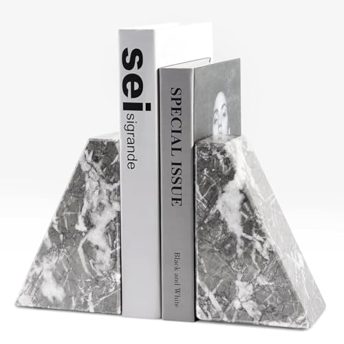 Marble Bookends for Heavy Books, Decorative Bookends for Shelves, Durable and Heavy-Duty Book End for Hardback Book & CDS, Unique Book Stopper & Holder, Gris Lido, Set of 2
