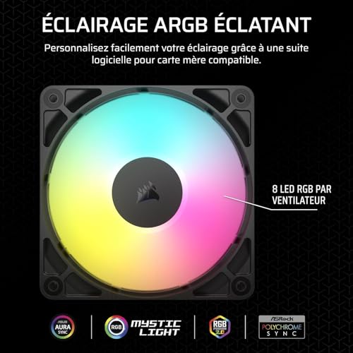 CORSAIR RS120 ARGB 120mm Ventilateurs PWM – Connexion Daisy-Chain – Faible Bruit – Roulement à Dôme Magnétique – Paquet Triple – Noir