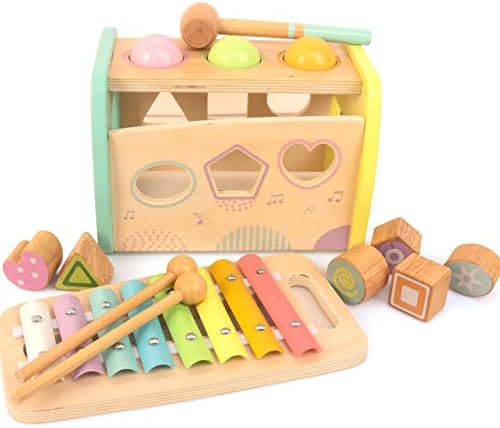 WOODENFUN Hammering Pounding Toys Wooden Educational Toy Xylophone Shape Sorter, Birthday Gift for 1 2 3 Years Boys Girls Baby Toddler Kids Developmental Montessori Learning Toy (Yellow)