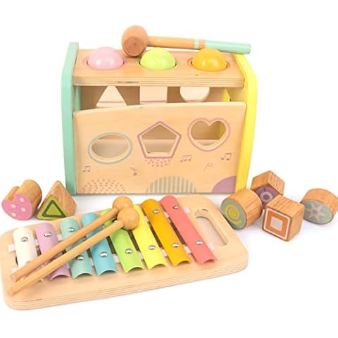 WOODENFUN Hammering Pounding Toys Wooden Educational Toy Xylophone Shape Sorter, Birthday Gift for 1 2 3 Years Boys Girls Baby Toddler Kids Developmental Montessori Learning Toy (Yellow) Cover