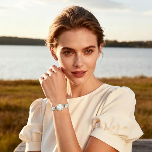 JewelryWe Women's Ultra Thin Easy Reader Watch with Elastic Strap Golden/Silver Tone Stretch Band Watches - Image 3