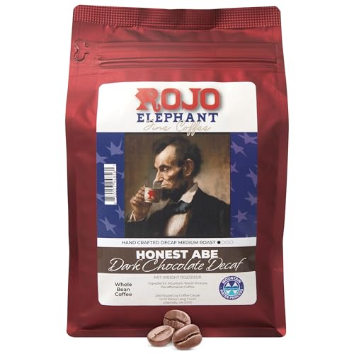Rojo Elephant Honest Abe Dark Chocolate Flavored Handcrafted Decaf Whole Bean Coffee, Single-Origin 100% Arabica Beans, Swiss Water, Mountain Water Process, Decaffeinated, 11 0z Pack