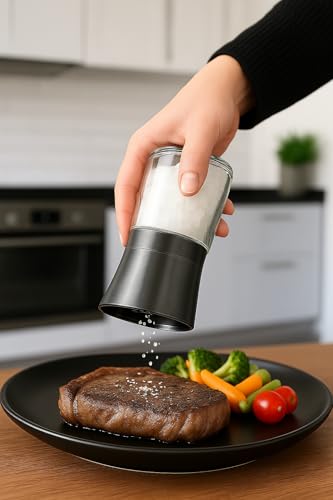 Salz- und Pfeffermühlen-Set in elegantem Black Design, Magnetischer Verschluss, Keramik-Mahlwerk, mit Bambus-Unterteller