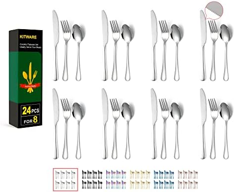 Forks Spoons Knives Set, KITWARE Travel Silverware, 24-piece Stainless Steel Cutlery Set for 8, Lunchbox Flatware, Mirror Polished, Outdoor Camping Picnic Eating Utensils Set, Dishwasher Safe