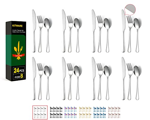 Forks Spoons Knives Set, Kitware Travel Silverware, 24-Piece Stainless Steel Cutlery Set For 8, Lunchbox Flatware, Mirror Polished, Outdoor Camping Picnic Eating Utensils Set, Dishwasher Safe #TOP15