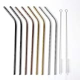Stainless Steel Straws Reusable Straws for Christmas Hot Chocolate FoYoung 10.5'' Long Metal Straws with Brushes for Yeti Tumbler Black Rose Gold Silver 0.24'' Diameter(8 Bent+2 Cleaning Brushes)
