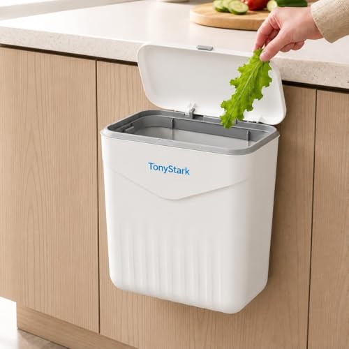 Image of TONY STARK Plastic Hanging Kitchen Trash Can With Lid, Double-Sided Open Lid Design, Kitchen Trash Can, Kitchen Cabinet Door Hanging Wall Storage Bucket (7 Litre, White)