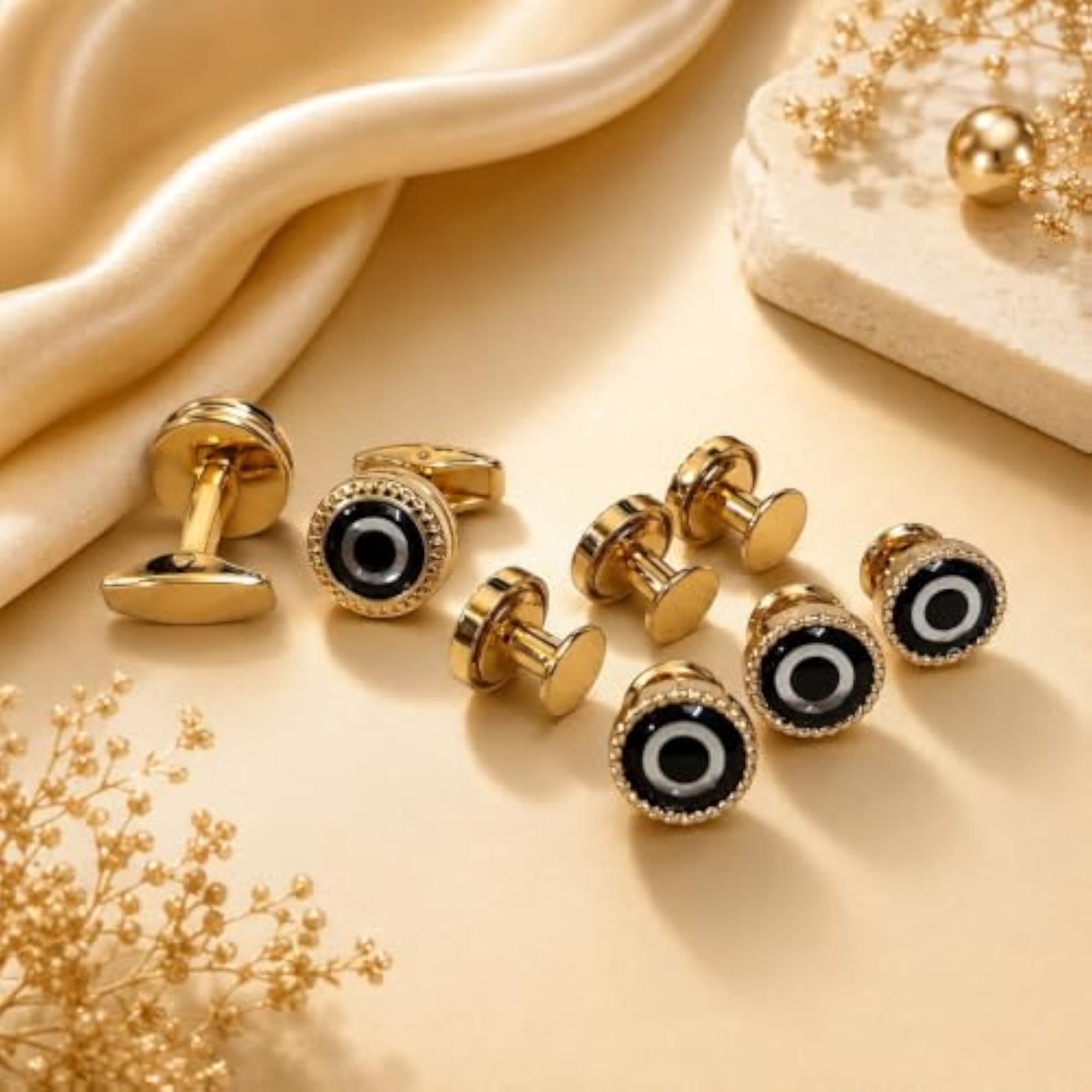 Men's Cufflinks and Shirt Studs Set, Gold Tone, Black Stone