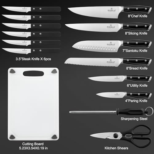 Image of Knife Set with Block, N NOBLE FAMILY 16Pcs Kitchen Knives Drawer Organizer Set with Sharpener, Cutting Board, Anti-Slip Chef Knives Set with 6Pcs Steak Knives, Black