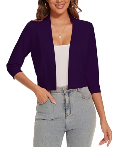 Image of Women 3 /4 Sleeve Cropped Cardigan Lightweight Casual Open Front Bolero Shrug Sweaters