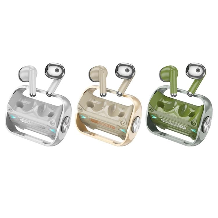 Three color variants of the ELECTROPRIME HOCO EW55 earphones and charging cases: silver, gold, and green.