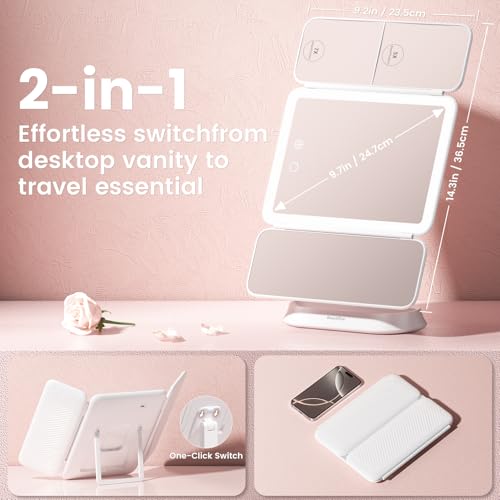 7X/5X/1X Lighted Makeup Mirror with Magnification, 360° Rotation & Detachable Travel Makeup Mirrors with 100 Led Lights, Portable Trifold Light Up Magnifying Mirror with 3 Lights Colors for Desktop