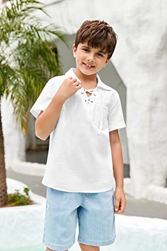 Bbalizko Boys Cotton Linen Short Sleeve Shirt Lace Up Hippie Casual Summer Beach Tee Top With Pocket White #TOP1