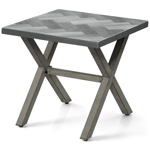 Image of Never-Rust Aluminum Outdoor Side Table, Anti-Rust Outside Patio Side Table with Resin Tabletop, Modern Weather Resistant Square Patio End Table for Yard, Garden, Poolside, Limed Oak