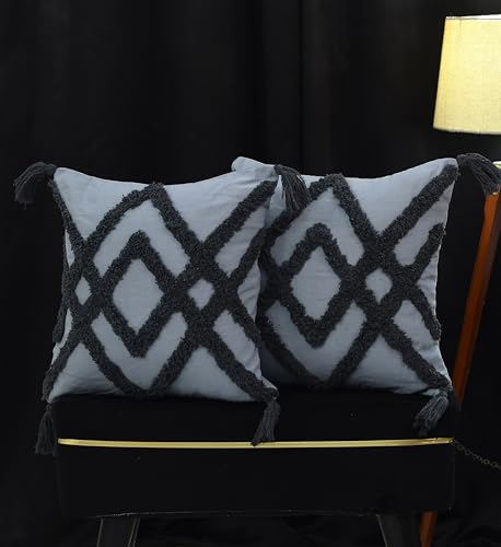 Image of TIB Premium Boho Decorative Throw Cushion Covers, 16 x 16 cm, Set of 2, Cotton. (Grey Cross)