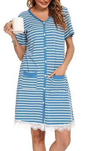Vlazom Camisones de Mujer Algodon Camisón Mujer Verano Manga Corta Camisola Mujer Dormir con Bolsillos,S,C-Azul Cobalto