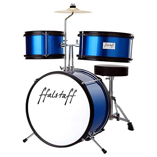 ffalstaff Batteria acustica junior 3 pezzi per bambini modello baby con tamburo, grancassa, tom, pedale, bacchette, piatto sospeso e sgabelloi (Blu)