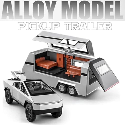 Image of DREAMY DEN Tesla Cybertruck with Pickup Trailer | 1:32 Scale Luxury Alloy Die-Cast Model Car with Lights & Music | Pull Back Action Toy Car with Trailer