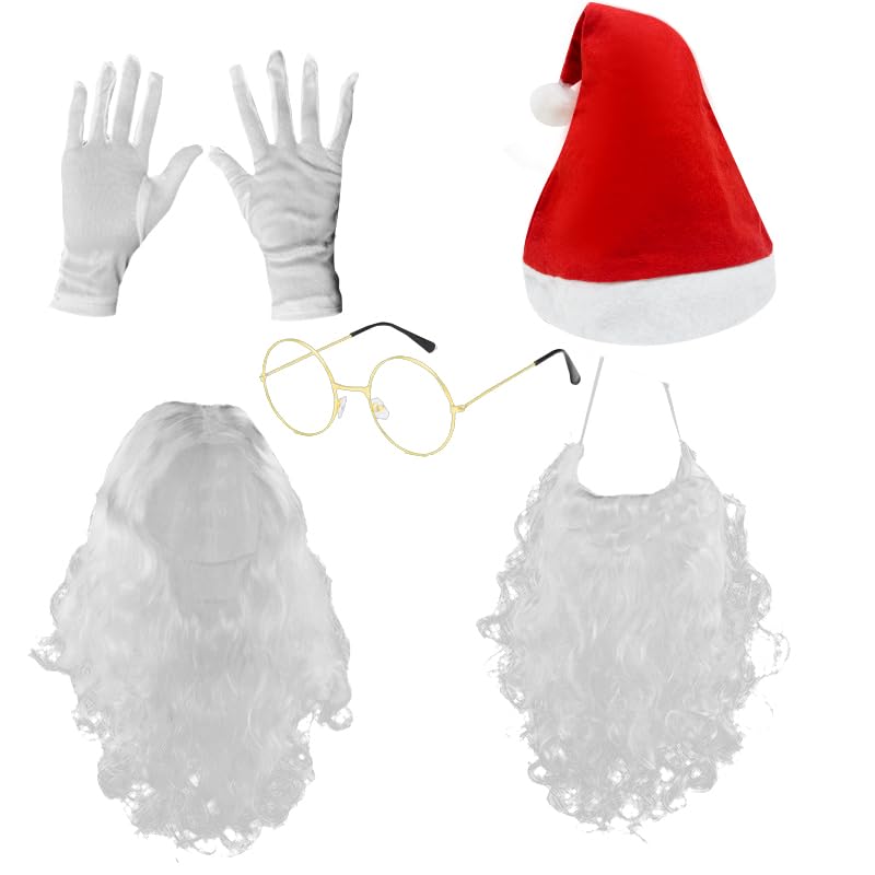 galeeup Santa Claus Beard and Wig Set Hat Gloves Glasses Adult Christmas Santa Costume Accessories Set 5 Pcs