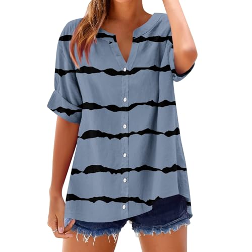 Bluse Damen Sommer Elegant V-Ausschnitt Button-Down Leinen Baumwolle Oberteile Locker Elegante Blusenshirt Tunika Shirt Türkis M