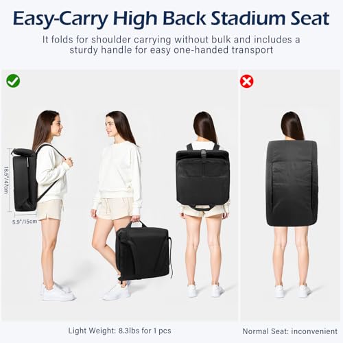 TOPSKY Stadium Seat with Back Support, Comfortable Padded Cushion, Folding Bleacher Seat with Metal Hook, Shoulder Strap, Carry Handle, Cup Holder (Black, 1 Pack)