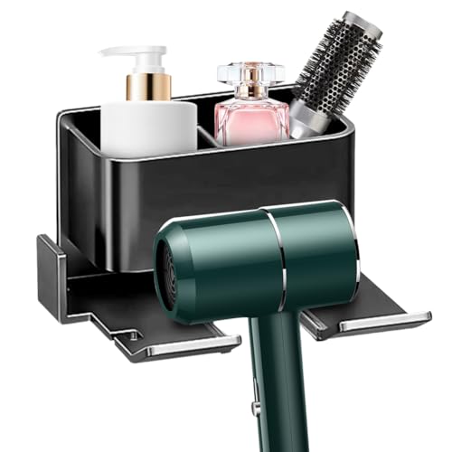 Haartrocknerhalter：Fönhalter,Fönhalter Ohne Bohren,Föhnhalter Wand Ohne Bohren,Aluminium Selbstklebend Haartrocknerhalter,Föhn Halterung mit Kabelhalter und Fach,für Hotel Wohnzimmer Barbershop