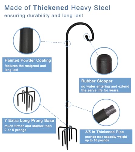 Image of Artigarden 92 inch Outdoor Shepherd Hook with 7 Prong Base (2 Packs), Adjustable Heavy Duty Garden Hanging Stake for Bird Feeder Solar Light Plant Hanger Wedding Decor, Matte Black