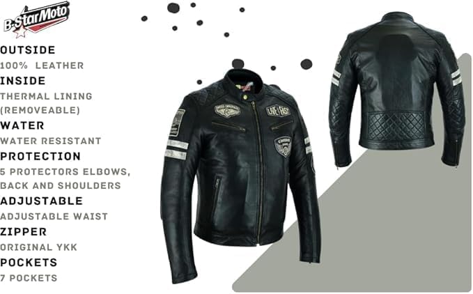 Genérico Bstar Męska skórzana kurtka motocyklowa Kurtka motocyklowa Touring Kurtka z odznakami Ochrona przed wiatrem Sprzęt ochronny Ciało Lato Zima Czarny 4XL