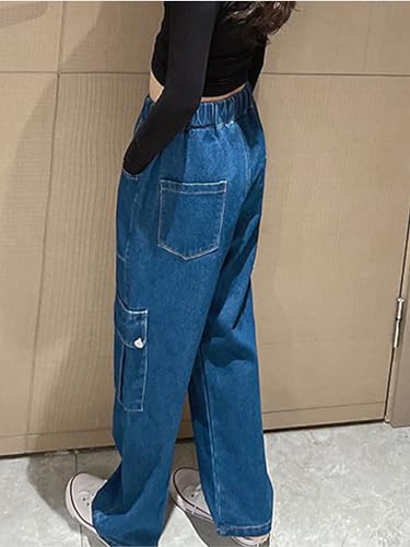 Kids Girls Vintage Casual Loose Denim Cargo Pants Wide-Leg Jeans Elastic Waistband Trousers Daily Wear4