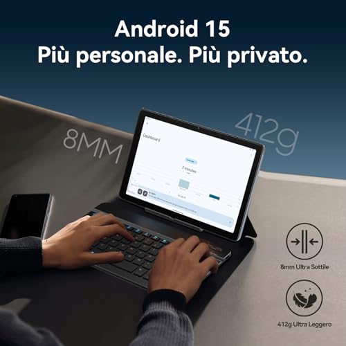 TABWEE Tablet con Tastiera - 24 GB RAM+ 256 GB ROM(4 TB TF), Octa-Core, Android 15, Gemini AI, Tablet 10 Pollici, Widevine L1, 5000 mAh, 8 MP+5 MP, Face ID, 3.5 mm Jack Port (2 Anni Garanzia) - Immagine 2