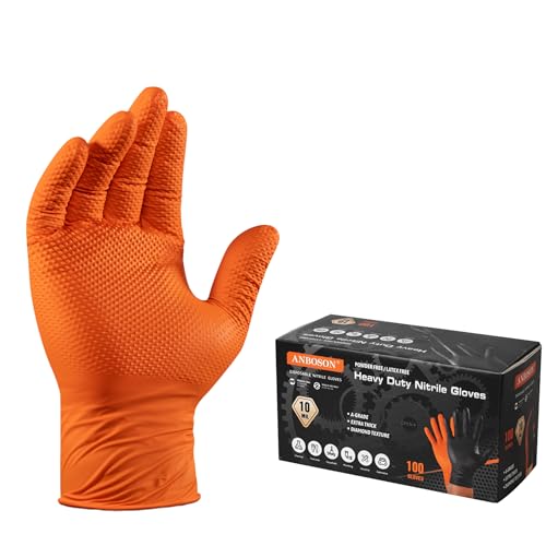 ANBOSON Heavy Duty 10 Mil Nitrile Disposable Gloves with Raised Diamond Texture, Latex-Free, Powder-Free, Extra Strong, Chemical Resistant, Durable for Mechanics, Industrial Work, Auto Repair, Large