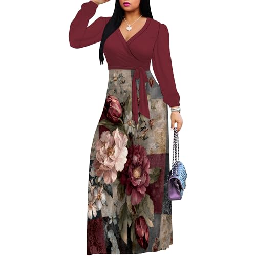 Image of Women's Plus Size Maxi Dresses Long Sleeves V Neck Floral Print Bohemian Swing Long Dress with Belt