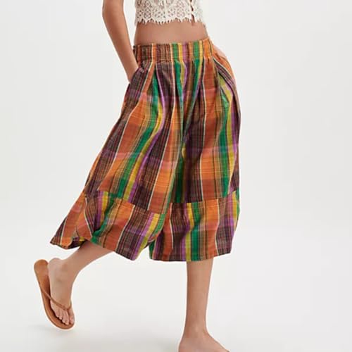 Womens Summer Boho Wide Leg Culotte Retro Plaid Pants PalazzoTrousers Colorful Plaid Capris with Pockets4