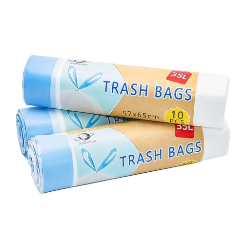 Xcdhemde® 30PCS Bolsas de Basura 35L, LxH: 57x65cm, Blanco, Bolsa de Basura de Polietileno, Adecuada para la Mayoría de los Cubos de Basura Medianos (3 Rollos, 10 por Rollo)