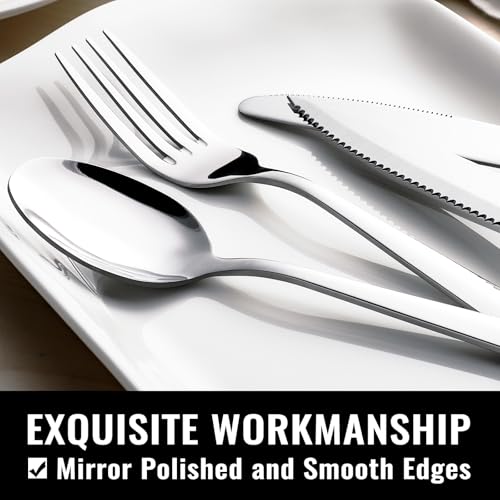 HIWARE 48-Piece Silverware Set with Steak Knives for 8, 18/8 Stainless Steel Flatware Cutlery Set For Home Kitchen Restaurant Hotel, Kitchen Utensils Set, Mirror Polished, Dishwasher Safe