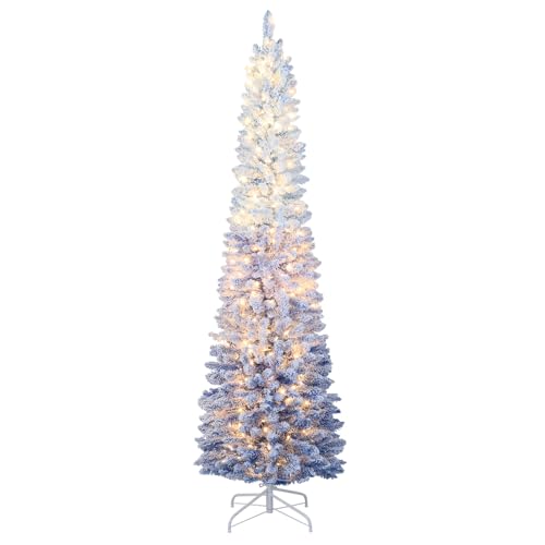 Goplus 7 FT Blue Gradient Snow Flocked Christmas Tree, Pre-Lit Artificial Hinged Slim Pencil Xmas Tree with 290 Warm White LED Lights, 8 Modes, 588 Branch Tips, Metal Stand, Home Office Decoration