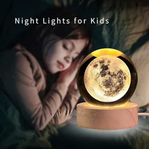 Image of Crystal 3D Galaxy Ball Night Light | Dimmable Engraved LED Glass Ball Table Lamp with USB and Wooden Base for Home Decor|Office|Birthday Gift & Kids Bedroom|Decoration (Moon)