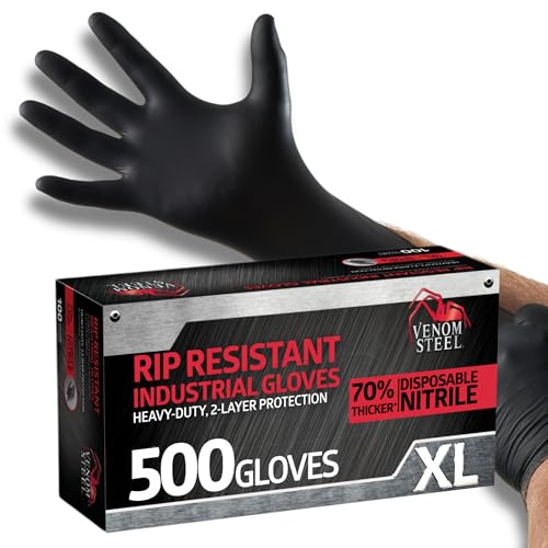 Venom Steel VEN6544 Nitrile Gloves, Rip Resistant Disposable Latex Free Black Gloves, 2 Layer Gloves, 6 mil Thick, X-Large (Pack of 500)