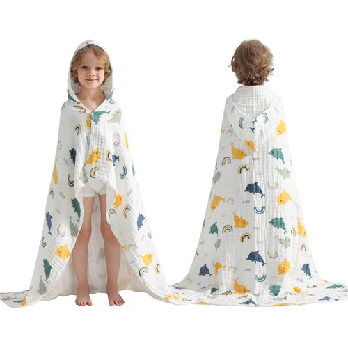 Image of usbettas Toddler Hooded Bath Towels,100% Cotton Muslin Baby Towels for Boys Girls,Ultra Soft & Absorbent Quick Dry Kids Towel for Beach,Pool,Bathroom,Large 43x43 Inch