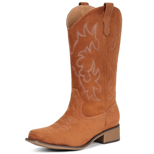 Image of IUV Cowboy Boots For Women Square Toe Wide Mid Calf Western Pull On Suede Fashion Black Brown Cowgirl Boots