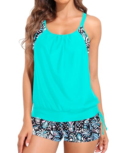 Image of Womens Tankini Swimsuit Two Piece Tummy Control Bathing Suit with Shorts | Double Up, Blouson Tank Top, Removable Pad, Adjustable Straps