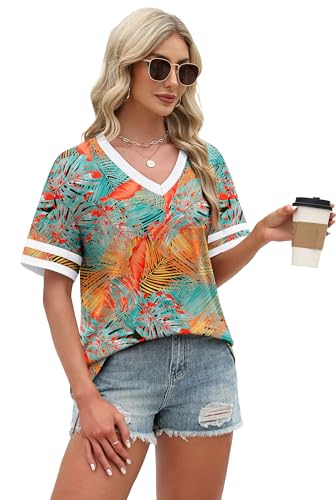 Image of WIHOLL Womens T Shirts Loose Fit Short Sleeve Tees V Neck Color Block Summer Tops 2026 Fashion S-4XL