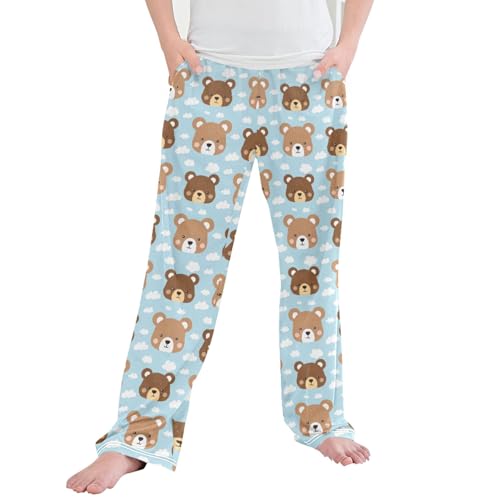 Cute Bear Long Pajama Pants Elastic Waist PJ Bottoms with Pockets S A113444