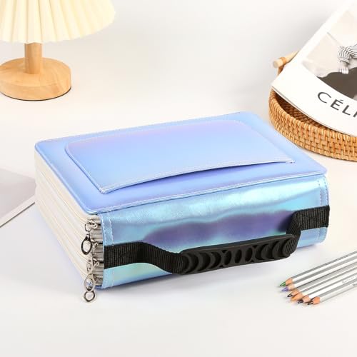 Image of 200 Slots Colored Pencil Organizer - Waterproof Deluxe PU Leather Pencil Case Holder for Watercolor Pens or Markers - Portable, Travel Style - Gradient Blue