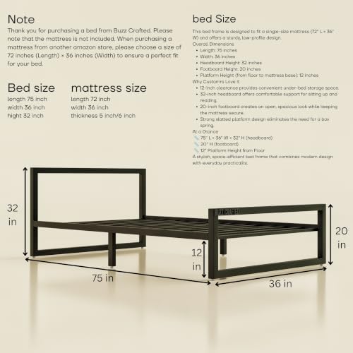 Image of Single Size Metal Bed Frame | SingleSize Metal Bed for Adults | Heavy Duty Iron Bed | Steel Bed Single | Single Metal Cot | Metal Platform Bed | Black MetalBed | No Box Spring Needed | Black