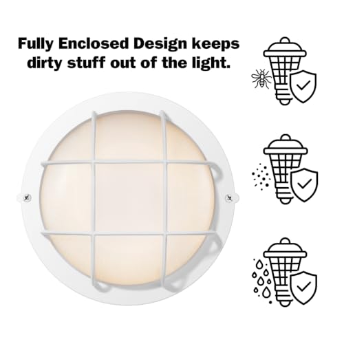 Image of GRUENLICH Outdoor Bulkhead Light, LED Round Wall Sconce, Rustproof, White | 8 inch Dimmable Wall Light for Porch, Garage, Walkway, Nautical, 15W 1500 Lumen, Aluminum, Glass, Waterproof, 3000K, 1 Pack