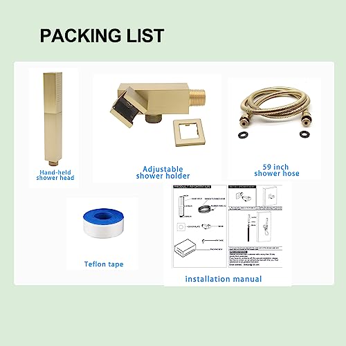 2 Settings Models Handheld Shower Head Sprayer High-Pressure With 59" Long Flexible Hose, Square 2 In1 Solid Brass Adjustable Shower Wand Replacement Kit, Brushed Gold #TOP5