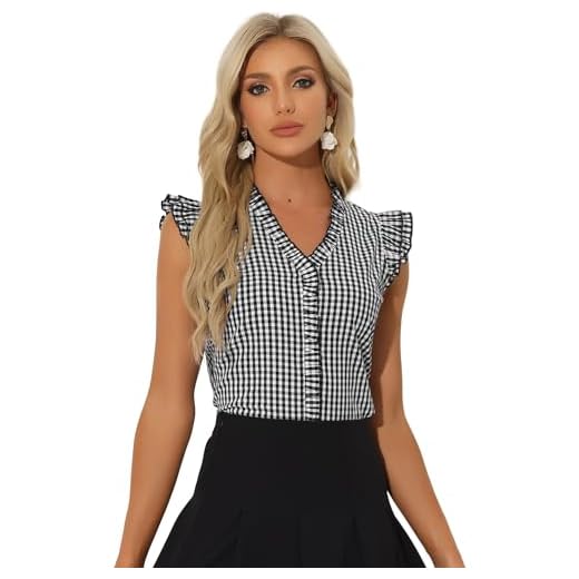 Allegra K Camisa de volantes para mujer, blusa de cuadros con cuello en V de los años 50, manga casquillo, Negro, M